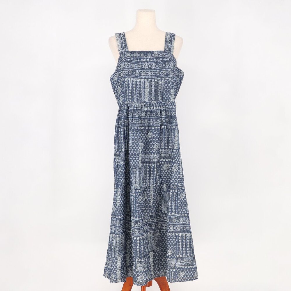 NWT CANTAO Summer Boho Denim Midi Dress Blue Geo Print Size M